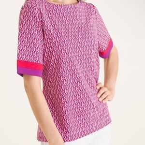💕CHICOS Geo Color Block Trim Knit Top in Maraschino Cherry Women's Size 1
